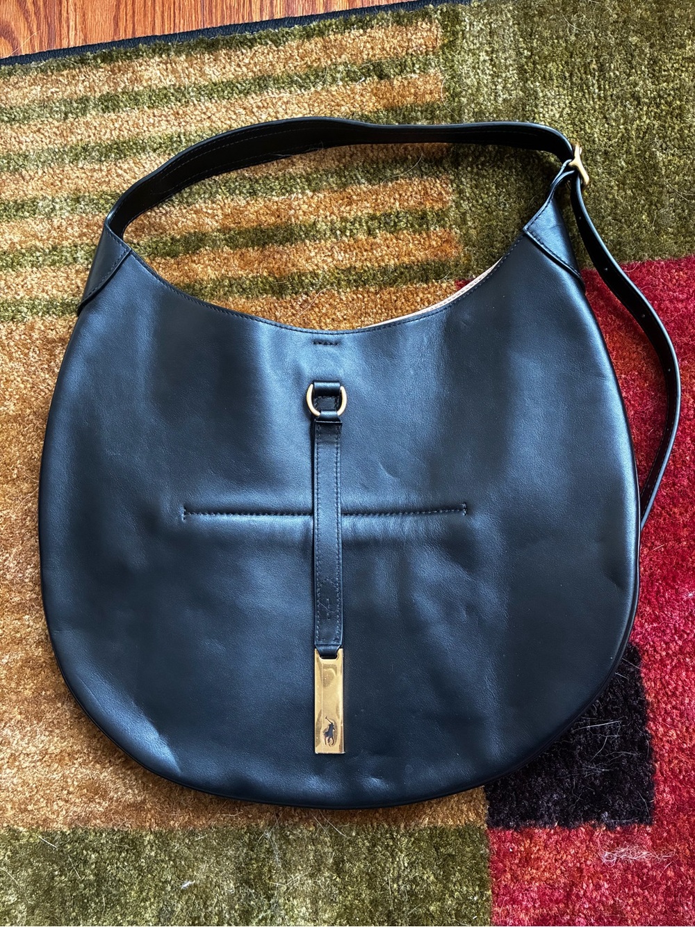 Polo by Ralph Lauren Black Leather Crescent Hobo with Gold Accent
